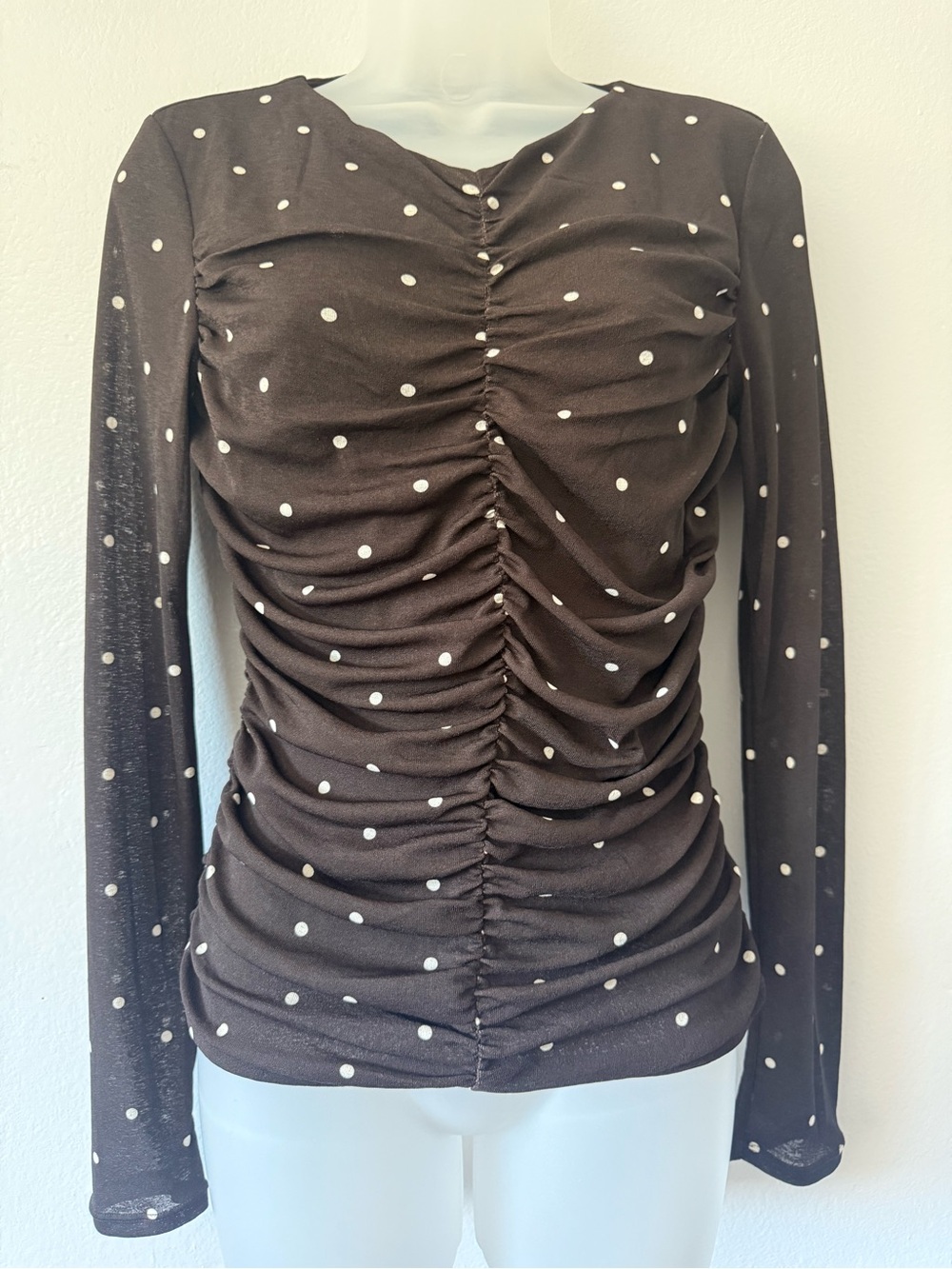 Rails Brown Polka Dot Ruched Long-Sleeve Top